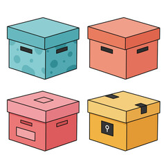 Four colorful isometric cardboard storage boxes with lids perfect for organization moving or shipping needs