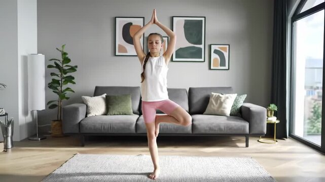 Young girl practicing yoga tree pose indoors