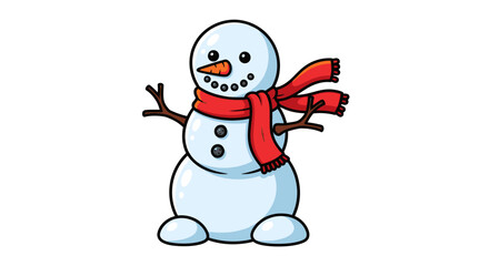 Cartoon Snowman with Red Scarf and Branch Arms, Smiling.