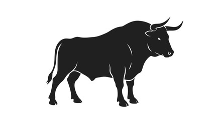 Powerful black silhouette of a standing bull with large horns and muscular body on a white background