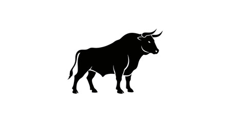 Powerful black silhouette of a standing bull with large horns against a clean white background symbolizing strength and determination