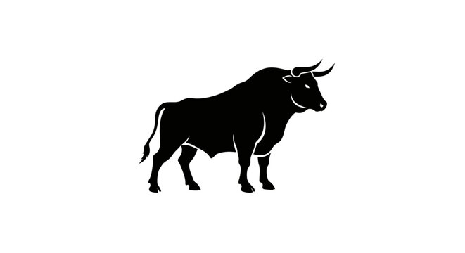 Powerful black silhouette of a standing bull with large horns against a clean white background symbolizing strength and determination