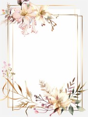 Obraz premium Wedding invitation frame design, with thin gold line border, subtle floral corners, isolated on white background with copy space
