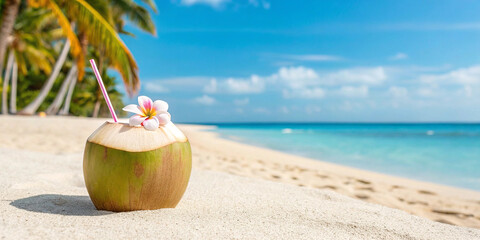 coconut drink by beach photo, tropical vacation coconut stock, fresh coconut water photo, exotic drink on beach, coconut cocktail stock, tropical paradise photo, coconut with straw on sand, beachside 