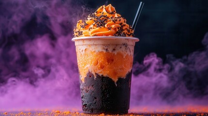 Colorful dessert drink topped with orange cream, vibrant purple background, perfect for capturing attention at events.