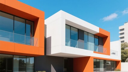 Obraz premium Modern building with orange and white facade featuring large glass windows and balconies under a clear blue sky.