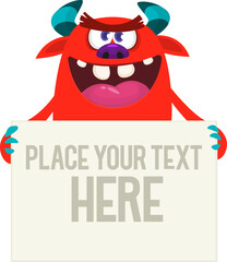 Catoon funny monster character holds banner paper sign for advertisement. Halloween illustration