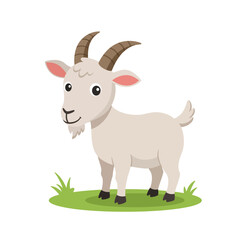 Charming cartoon illustration of a friendly white goat with horns standing on green grass isolated on a white background