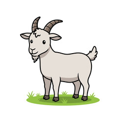 Charming cartoon illustration of a friendly white goat with curved horns standing on a grassy field