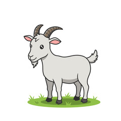 A charming cartoon illustration of a white goat with horns and a beard standing on green grass against a white background