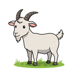 Adorable cartoon illustration of a friendly white goat with curved horns standing on green grass in a simple clean style