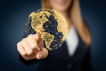 Businesswoman interacts with a digital globe, connecting the world through technology. Represents global connections, innovation, and communication on a digital interface.