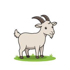Cute cartoon illustration of a friendly white goat with horns standing on green grass in a simple clean style