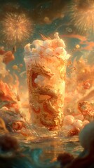 Cloudy sky with towering orange formations, vibrant hues reflecting sunset, suitable for fantasy themes or creative designs.