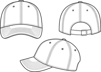 CAD drawing flat vector illustration of baseball cap, front back and side views, adjustable buckle strap, fashion design template