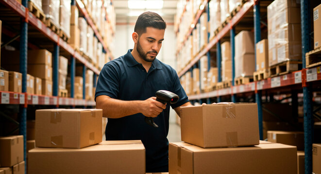 Focused man using a barcode scanner in a distribution warehouse, symbolizing logistics and efficiency