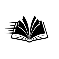 Stylized black and white illustration of an open book with pages fanning out and motion lines suggesting speed or rapid learning