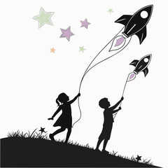 Silhouette of children flying rocket kites on a grassy hill under a sky filled with colorful stars vector illustration