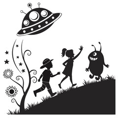 Silhouette of children meeting a friendly alien as ufo hovers above a whimsical landscape design vector illustration