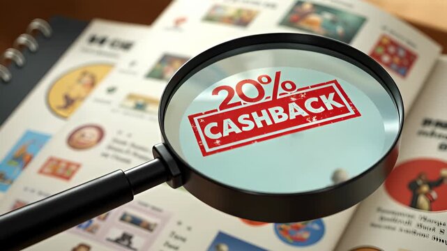20% cashback stamp under magnifying glass on catalog page highlighting discount, sale, shopping catalog cashback savings