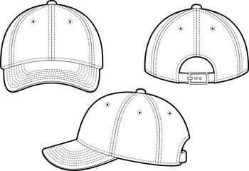 CAD drawing flat vector illustration of baseball cap with snapback closure, front, back, and side views, fashion accessory mockup