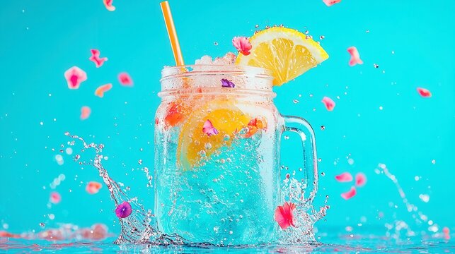 Refreshing tropical drink in a glass, vibrant colors, adorned with fruit slices and ice, ideal for summer themes and menus.