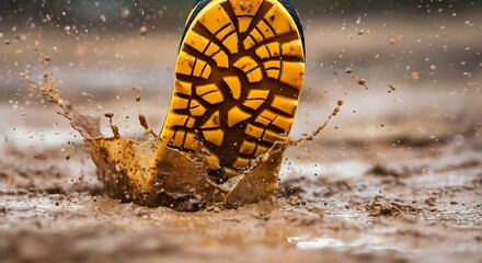 Hiking boot splashes through muddy water on a trail