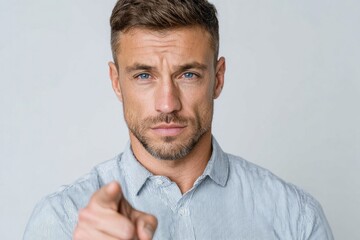 Obraz premium A man in a light gray striped shirt directly confronts the viewer with a focused, intense gaze and outstretched index finger.