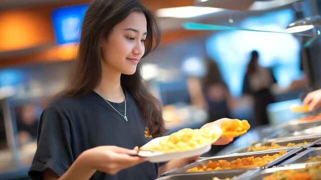 A freshman eats lunch in a bustling cafeteria with trays clattering friends swapping snacks posters for clubs on walls and a janitor sweeping nearby captured in a lively photo