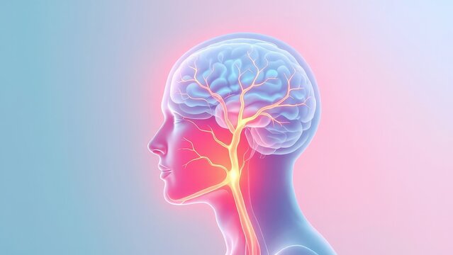 Abstract visualization of human brain nerves and blood vessels with glowing connections and cranial pathways