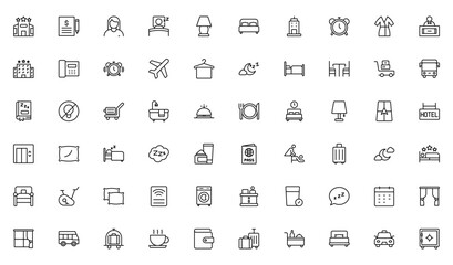 Motel outline icon set. Hotel icon set. Hotel services related line icons: room, rental, booking, bellboy, breakfast, travel, vacation, holiday and more. Thin outline icons pack. Vector illustration.