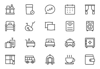 Motel outline icon set. Hotel icon set. Hotel services related line icons: room, rental, booking, bellboy, breakfast, travel, vacation, holiday and more. Thin outline icons pack. Vector illustration.
