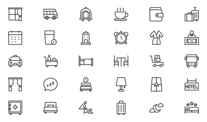 Motel outline icon set. Hotel icon set. Hotel services related line icons: room, rental, booking, bellboy, breakfast, travel, vacation, holiday and more. Thin outline icons pack. Vector illustration.