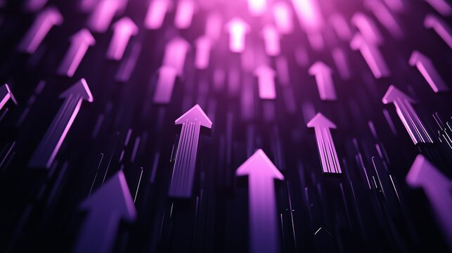 A dynamic visual of glowing purple arrows moving upwards from darkness.

