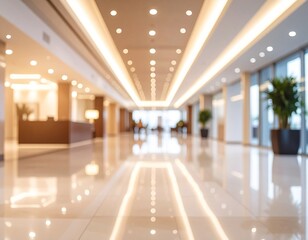 Modern Blurred Interior of Hotel Lobby With Lights and Polished Floor