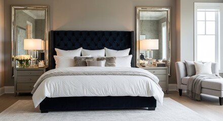 Luxurious and Serene Master Bedroom with Navy Velvet Tufted Bed, Elegant Nightstands, Mirrored Accents, and Chaise Lounge