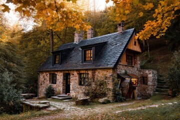 A delightful stone cottage nestled amidst vibrant autumn foliage creates a picturesque scene in a tranquil forest during the golden light of late afternoon
