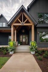 Obraz premium Elegant modern farmhouse entrance features wood accents and lush landscaping in a suburban neighborhood during the late afternoon light