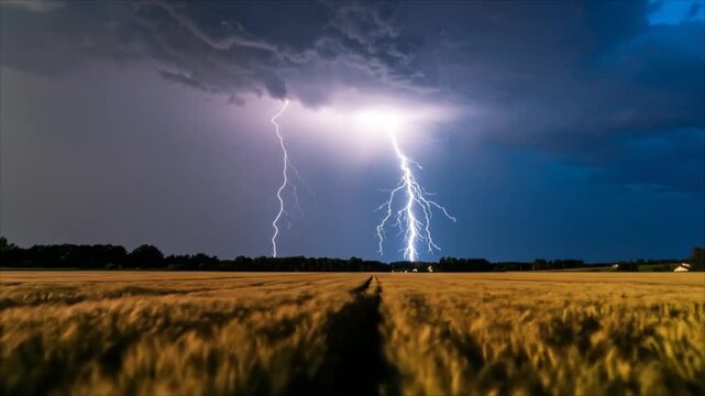 Lightning storm over golden field