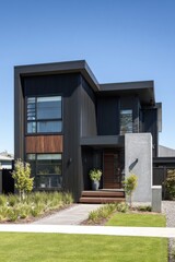 Obraz premium Modern architectural design of a stylish black house with large windows and a wooden entrance pathway during a clear sunny day in an urban neighborhood