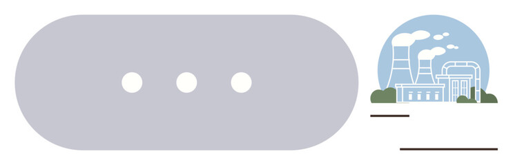 Factory emitting smoke clouds with visible cooling towers and pipes beside a digitally styled loading interface. Ideal for energy, environment, pollution, industry, emission, technology, waiting