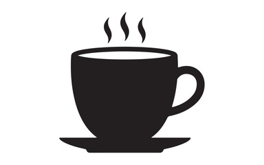 Fototapeta premium Steaming Hot Coffee Cup Icon Minimalist Design Black Silhouette on White Background for Beverages and Relaxation Concepts