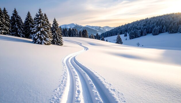 Winter wonderland path. Snow-covered mountain landscape with ski tracks winding through.  Sunrise hues.  Pine trees dusted with snow