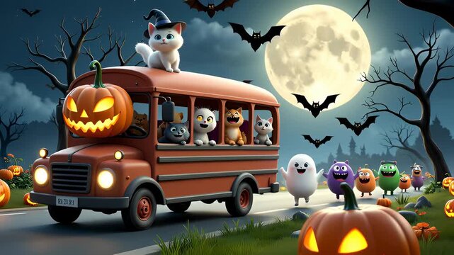 Halloween pumpkin bus cat witch ghost children trick or treat night moon pumpkin bus cat witch hat ghost moon bat road night cute