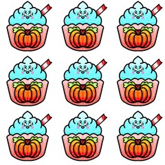 Cute kawaii Halloween spooky dessert cupcakes illustration vector 