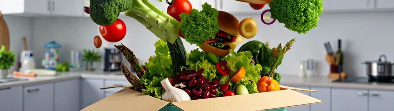 Fresh vegetables and hamburgers are flying and filling cardboard box in a modern kitchen, promoting healthy eating and food delivery.