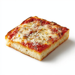 Sicilian pizza square slice with thick crust, tomato sauce, and cheese, isolated on white background, soft shadow.