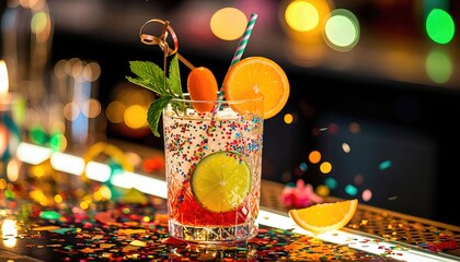 Vibrant Festive Cocktail Drink with Colorful Sprinkles and Confetti