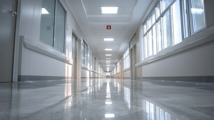 Obraz premium Clean empty hospital corridor with bright natural light