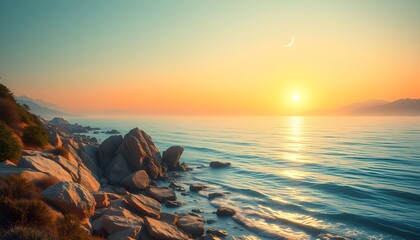 rocky coastline, dramatic sunset, ocean waves crashing against rocks, warm colors, golden hour lighting, atmospheric, cinematic, serene landscape, mist or fog, detailed, photorealistic
